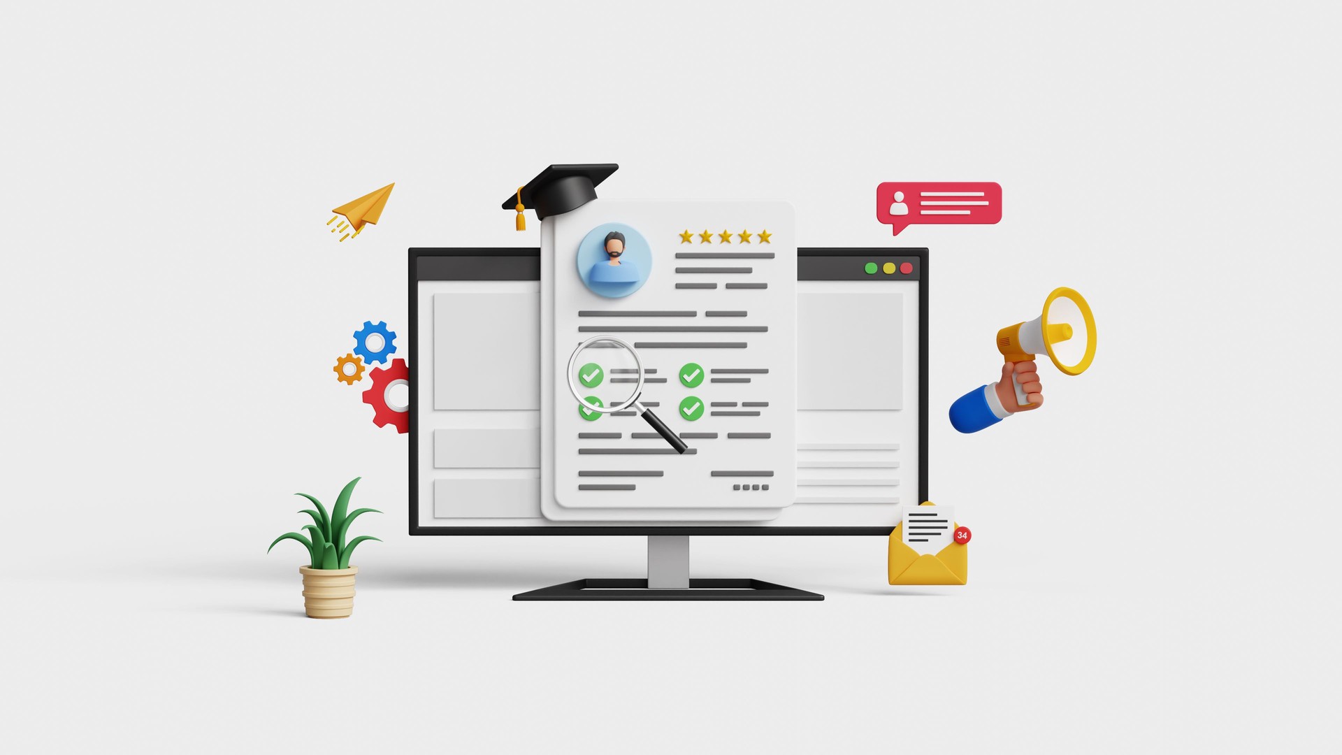 Human resources management concept. Recruitment, hiring process, ideal candidate, head hunt, talent acquisition, job vacancy. Magnifying glass analyzing at employee CV on computer. 3D illustration