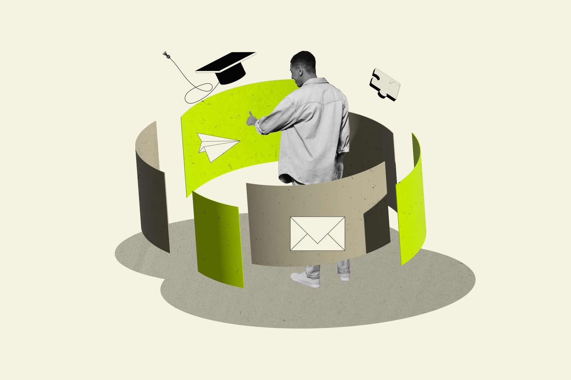 Composite collage template sketch of software technology cyber assistant innovation young man stand graduate cap puzzle match letter