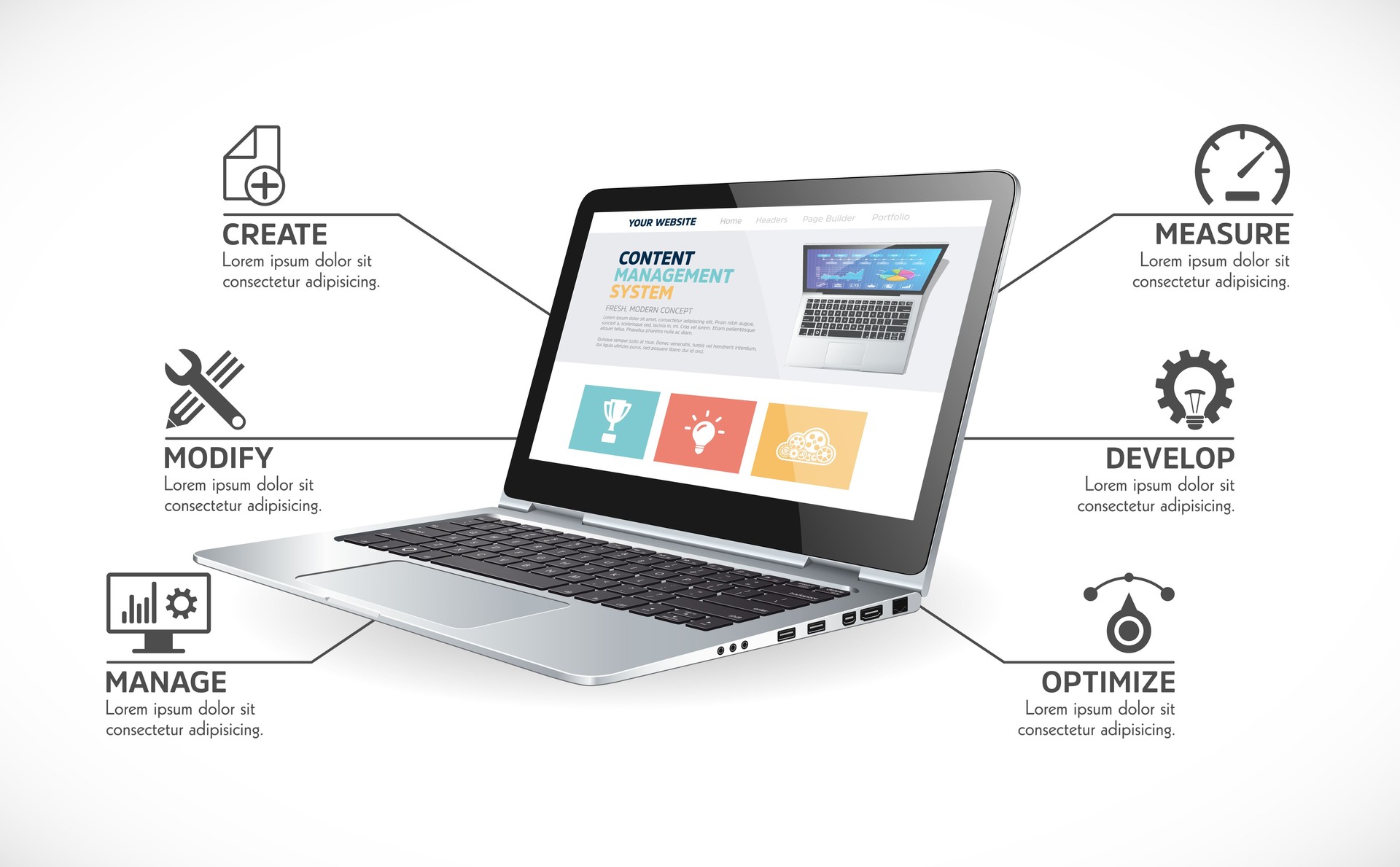 CMS features - Content management system -  Modern resposive website concept