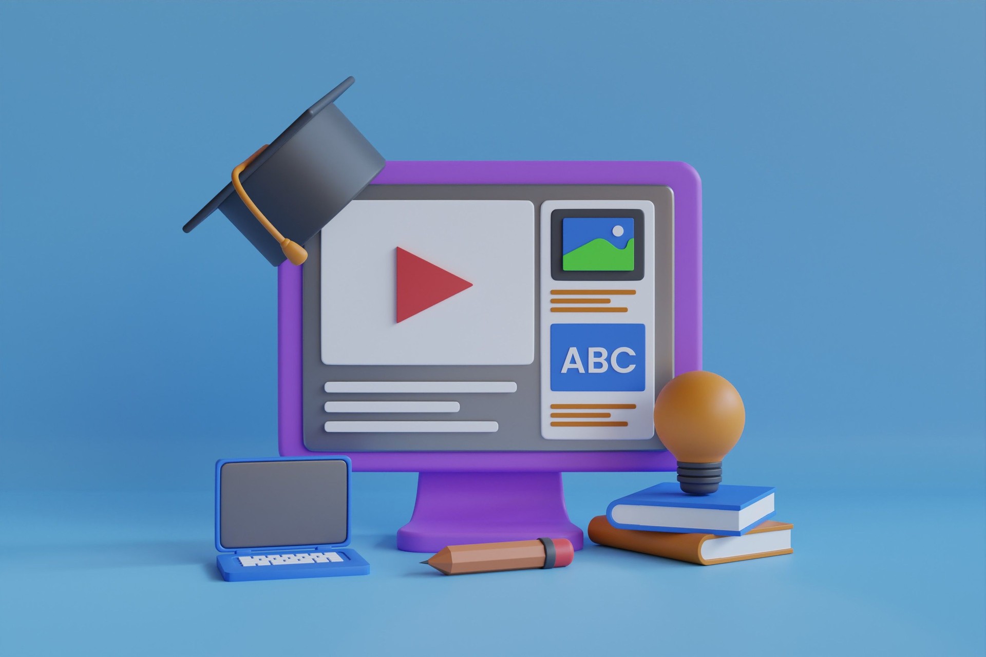3D Illustration of Online education. online education, webinar, university, school digital classes web background with laptop, books. online video tutorial, e learning, web courses concept.