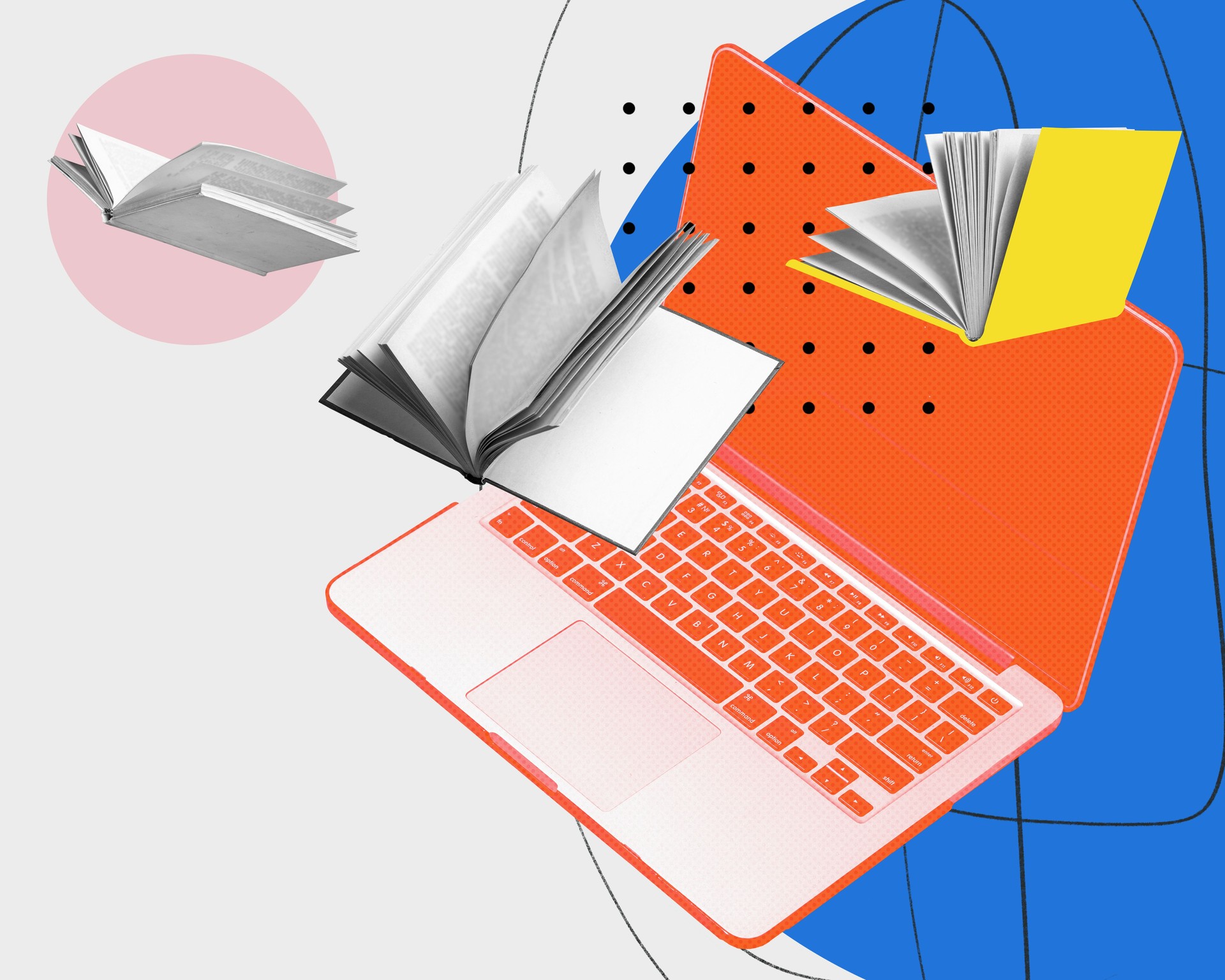 Laptop with many books inside symbolizing comfortable free access to worldwide library. Fast search of information. Contemporary art collage.